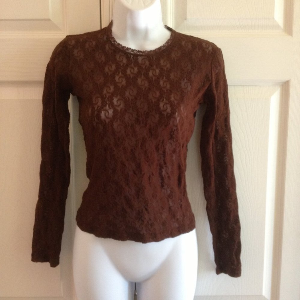 Only Hearts NYC Brown Lace Long Sleeve Crewneck Top S
